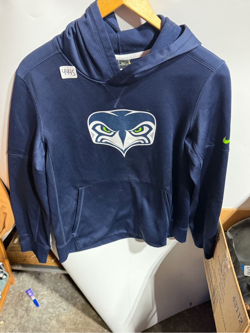 #4445-NFL Navy Seahawks Pullover Crewneck with Neon Green Logo Accents